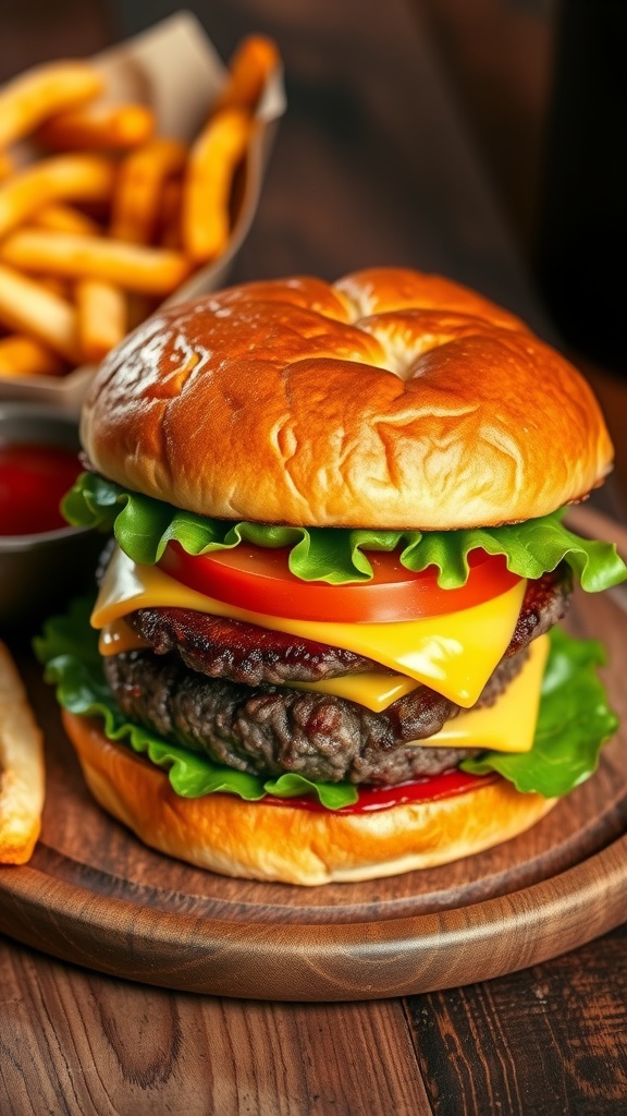 A juicy air fryer hamburger with cheese and fresh toppings on a bun, with fries and ketchup.